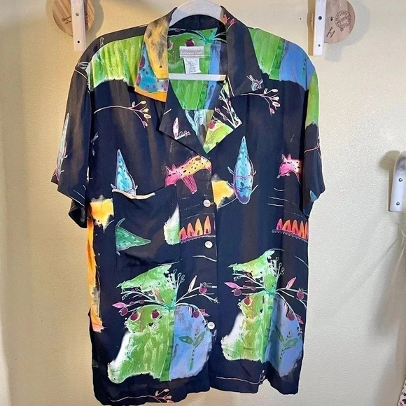 Vtg Coldwater Creek Button Shirt Black Multi Wildlife Art to Wear Sz PL Petite - Picture 1 of 7